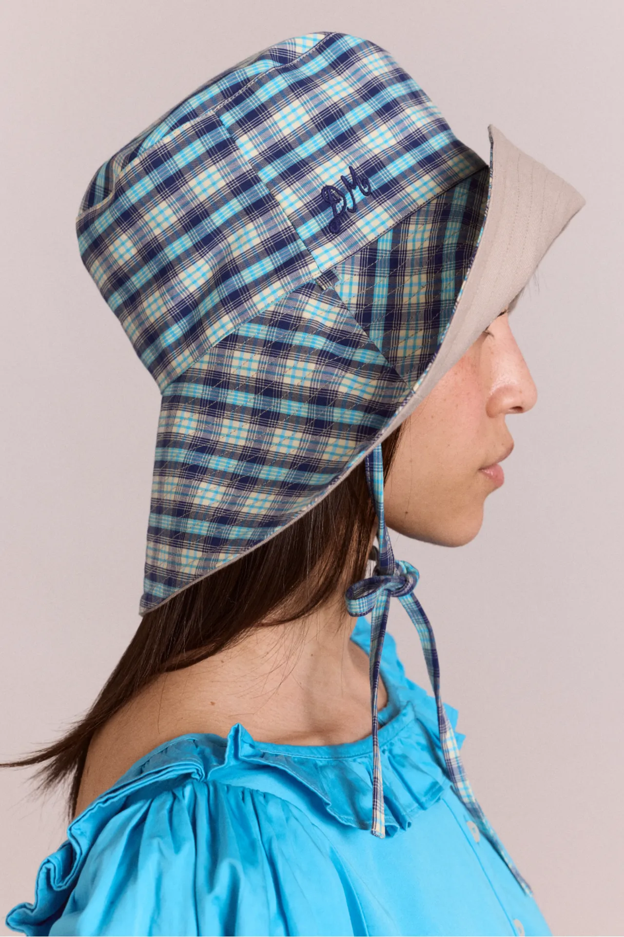 reversible sun hat - tomboy check & stone sold by Damson Madder product image thumbnail 4