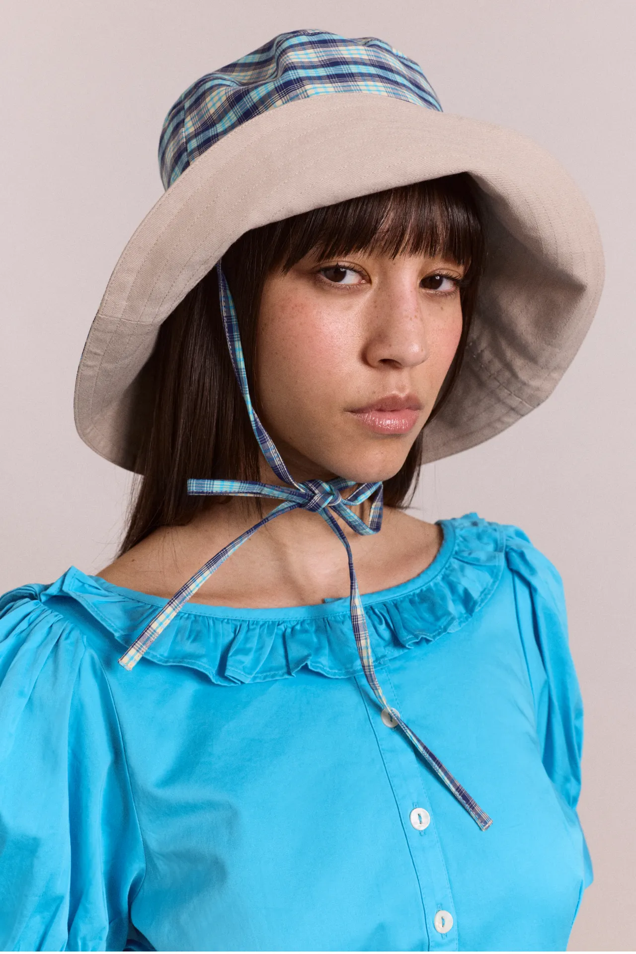 reversible sun hat - tomboy check & stone sold by Damson Madder product image thumbnail 3