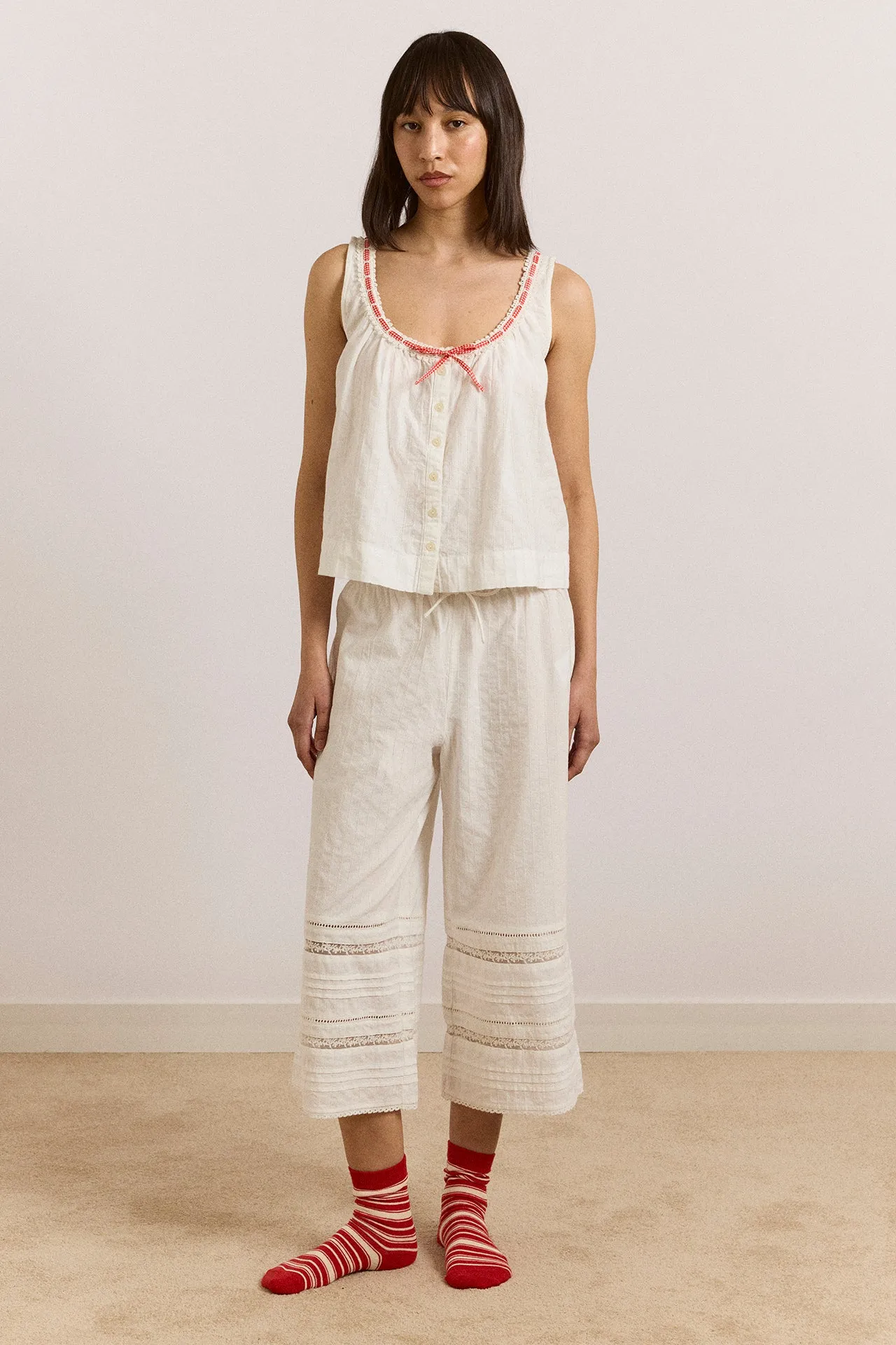 elodie cami - white with red gingham tie sold by Damson Madder