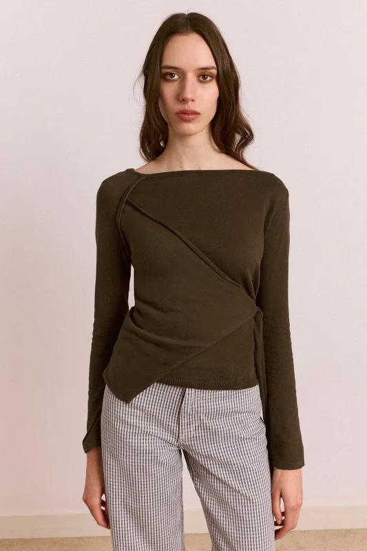 Hannie Wrap Tie Knitted Top - Olive made by Damson Madder
