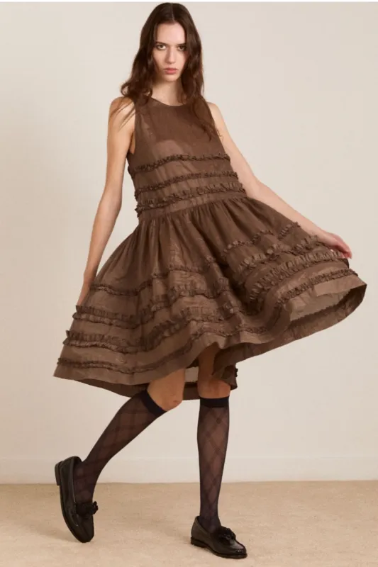 Reed Ruffle Mini Dress - Sheer Choc made by Damson Madder