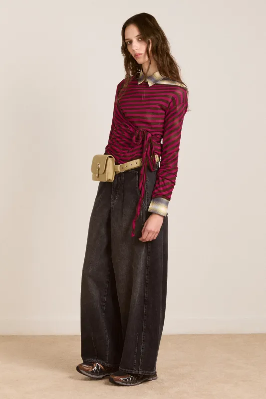 Hannie Wrap Tie Knitted Top - Pink Stripe made by Damson Madder