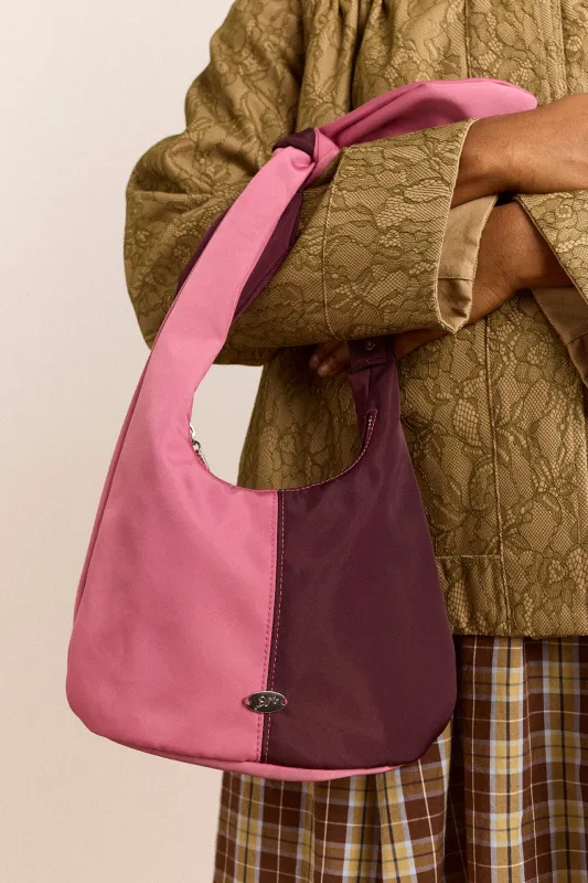 Gene Mini Tie Bag In Pink & Burg Colourblock made by Damson Madder