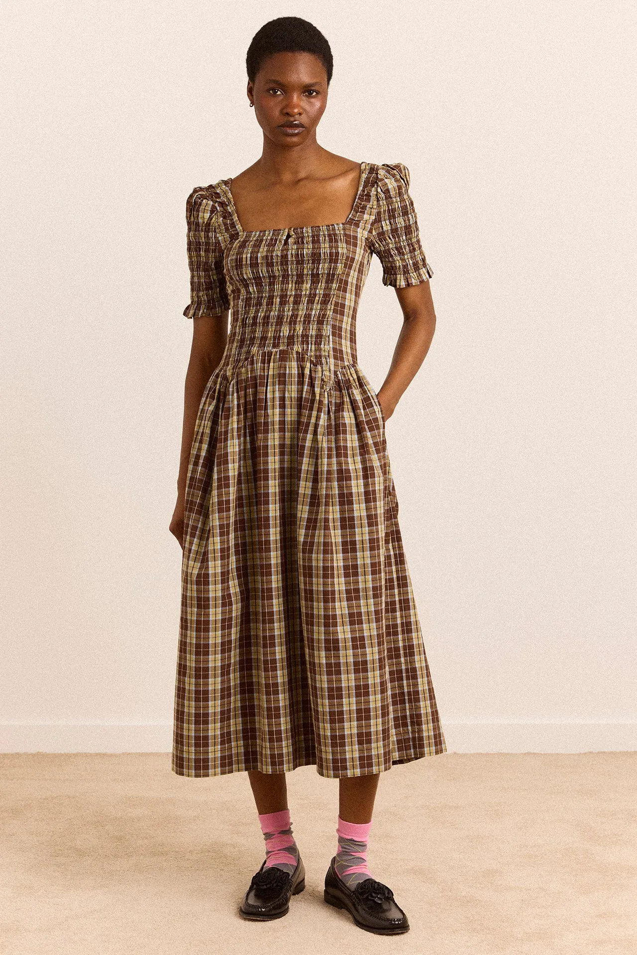 Molly Midi Dress - Cocoa Check sold by Damson Madder