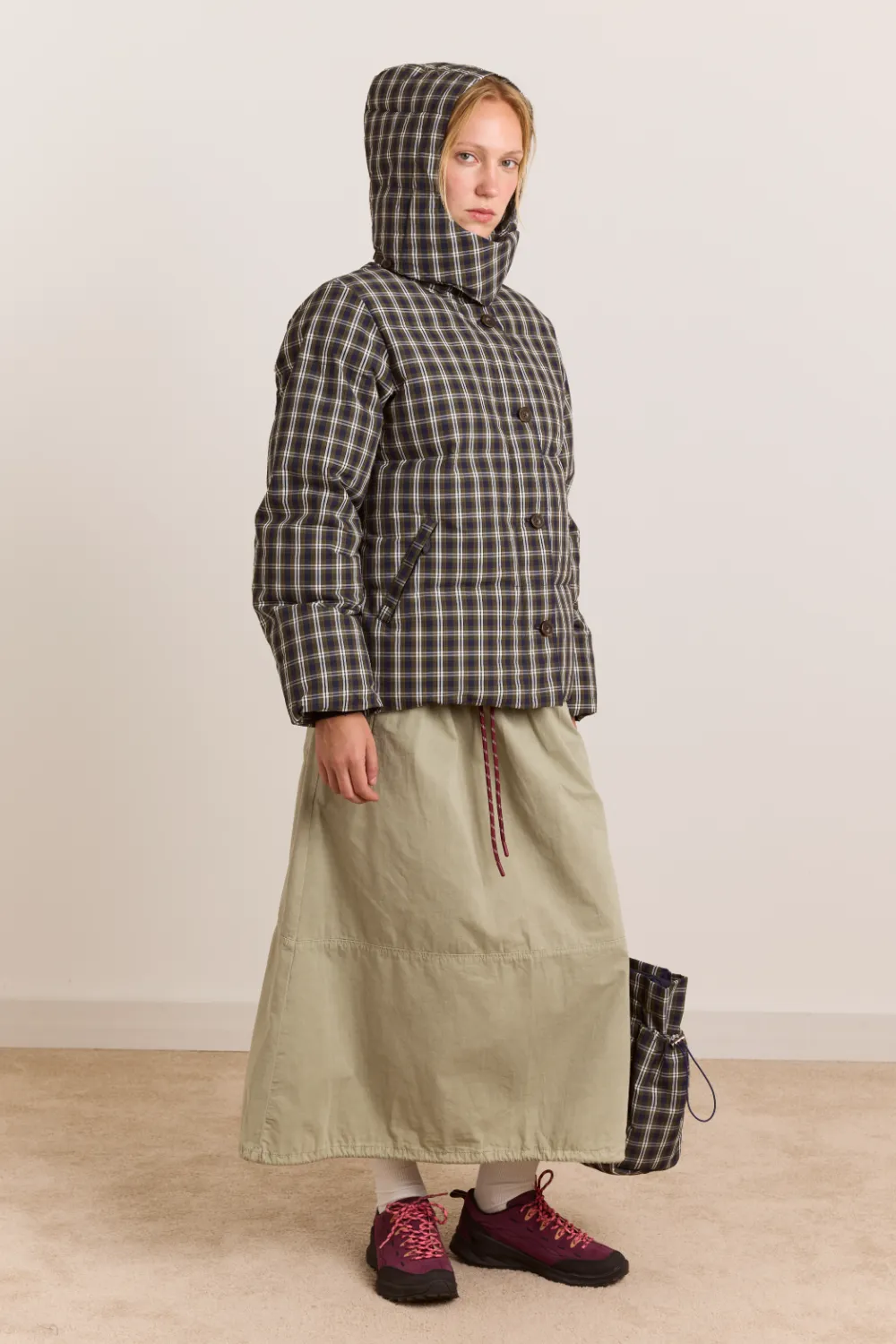 Pearl Hooded Puffer - Navy & Green Check sold by Damson Madder product image thumbnail 4