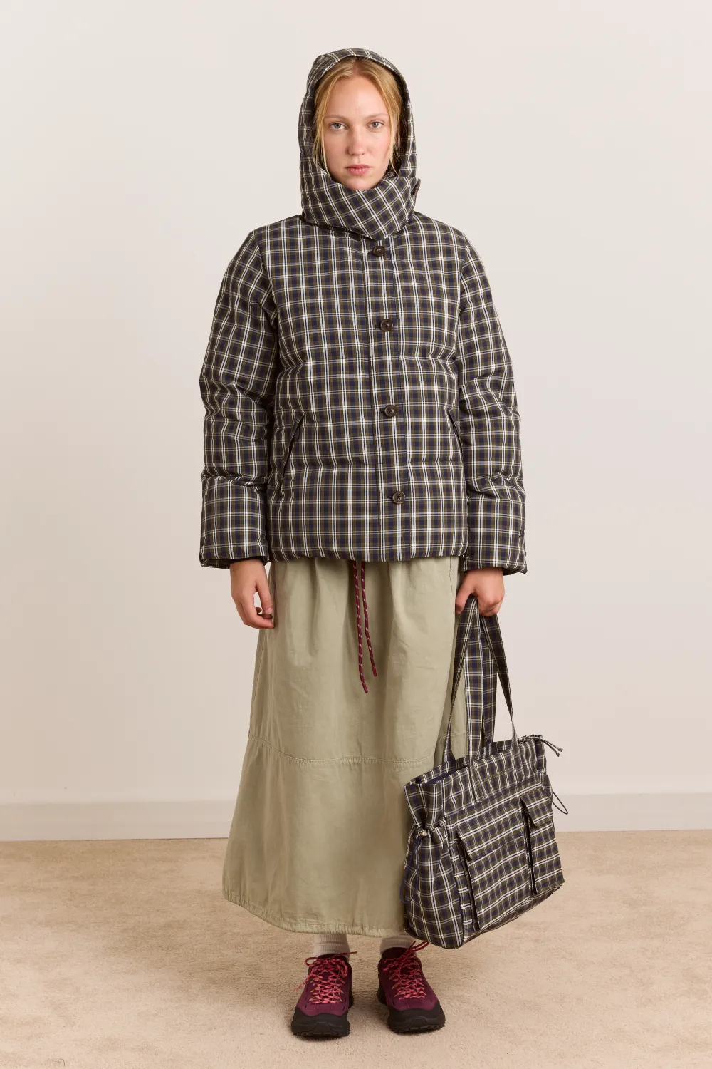 Pearl Hooded Puffer - Navy & Green Check sold by Damson Madder product image thumbnail 2