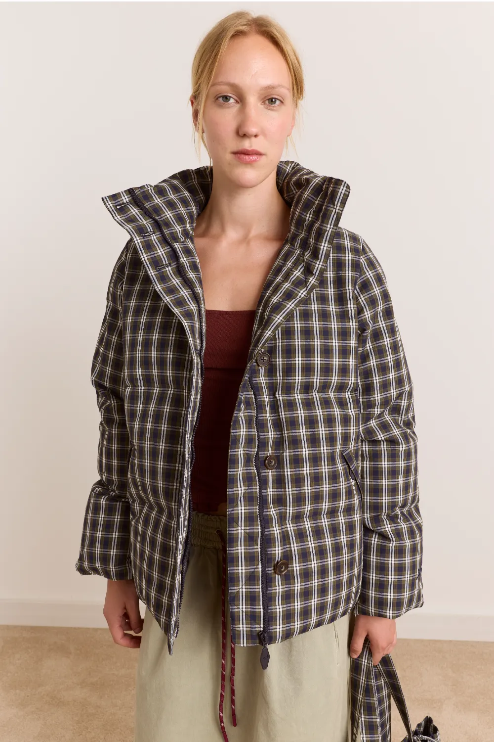 Pearl Hooded Puffer - Navy & Green Check sold by Damson Madder product image thumbnail 3