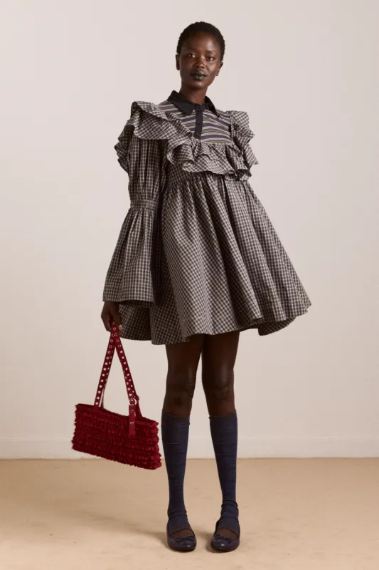 Pheonix Ruffle Mini Dress - Navy Green Check made by Damson Madder