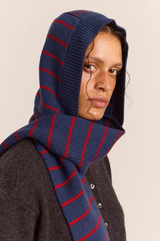 Merino Wool Hooded Scarf - Blue Stripe made by Damson Madder