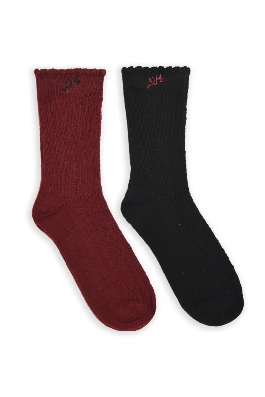 Calf Length 2 Pack Pointelle Socks- Burg/Black made by Damson Madder