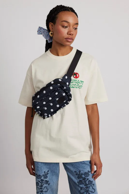 printed spot frill front cross body bag sold by Damson Madder