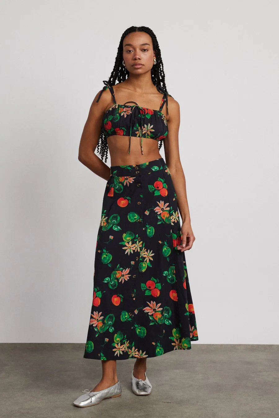 lowrie button through midi skirt - apple print sold by Damson Madder