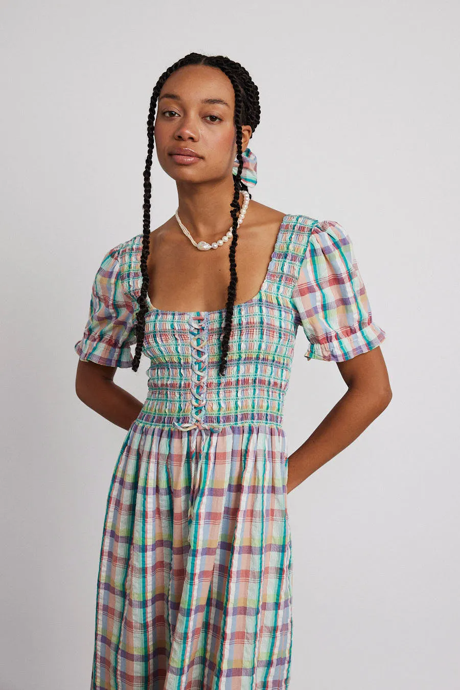 luna shirred midi dress - picnic check sold by Damson Madder product image thumbnail 4