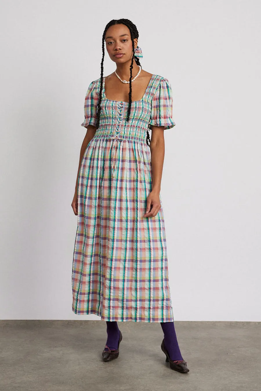 luna shirred midi dress - picnic check | Parallel