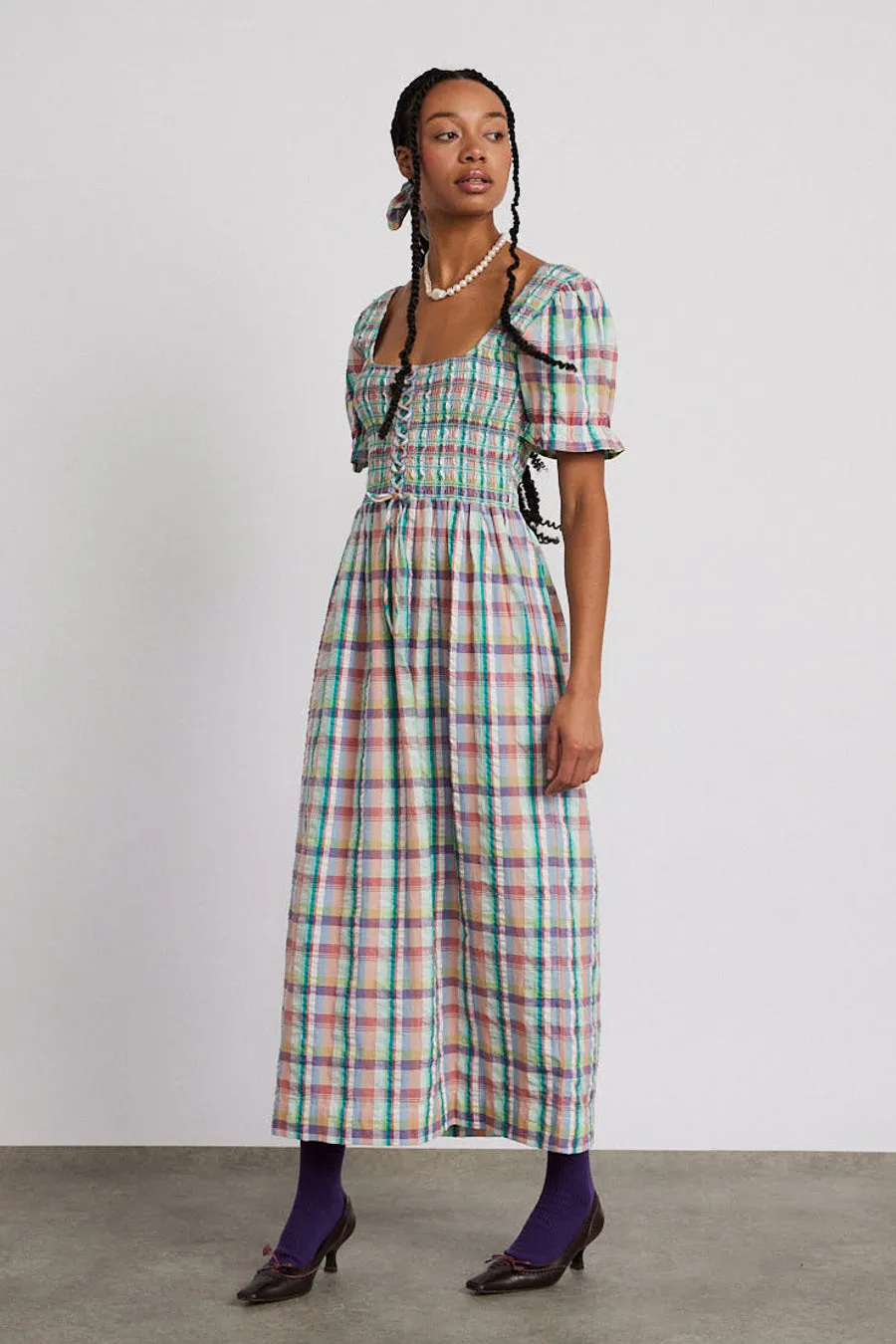 luna shirred midi dress - picnic check sold by Damson Madder product image thumbnail 2