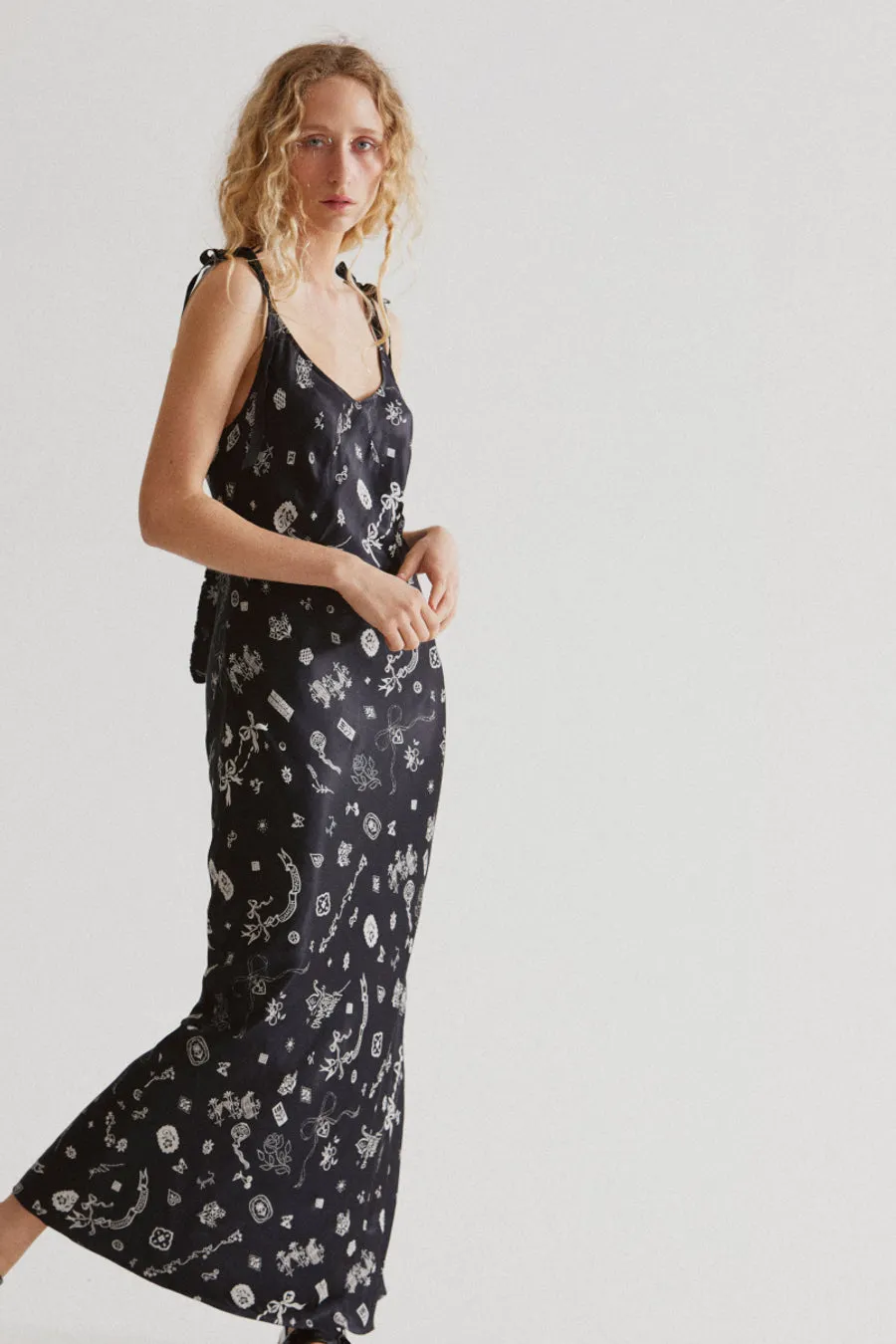 cleo slip dress- symbol print sold by Damson Madder