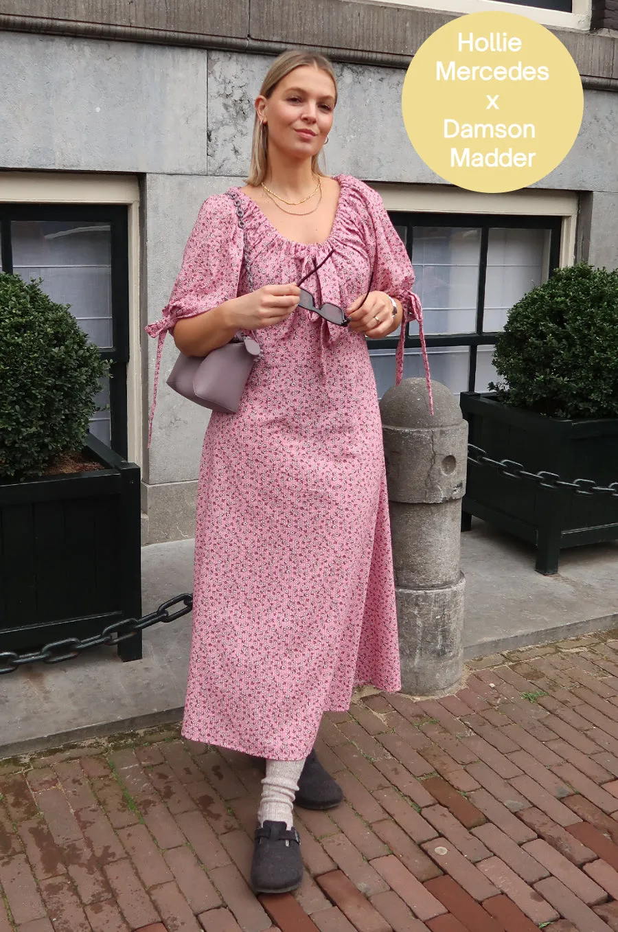 cassandra bow midi dress - pink ditsy floral sold by Damson Madder