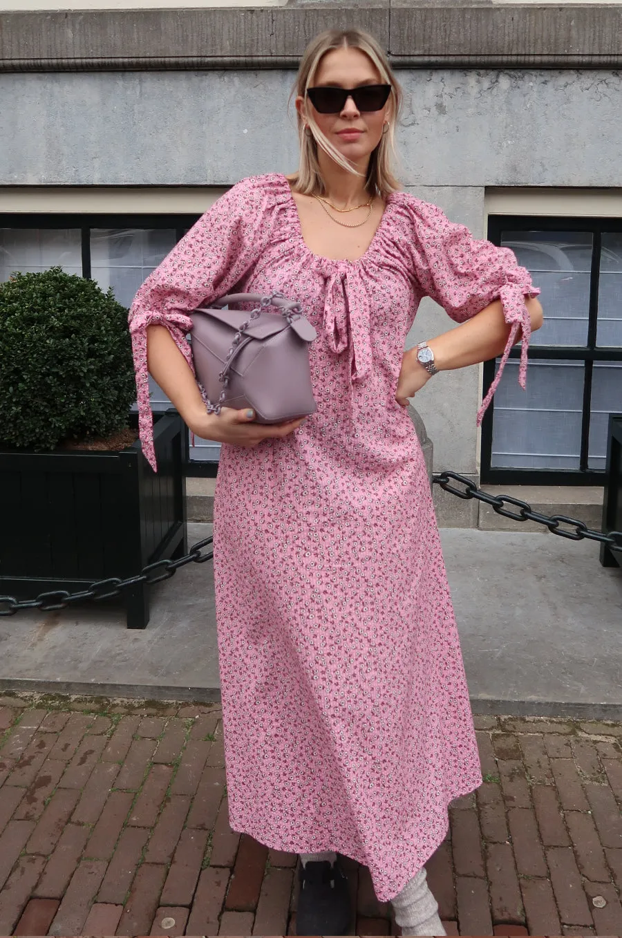 cassandra bow midi dress - pink ditsy floral sold by Damson Madder product image thumbnail 2