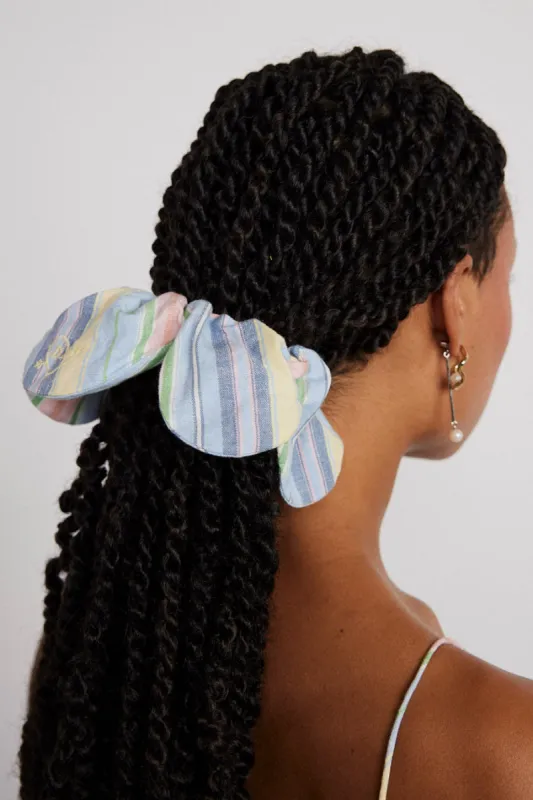 flower scrunchie in multi colour stripe sold by Damson Madder