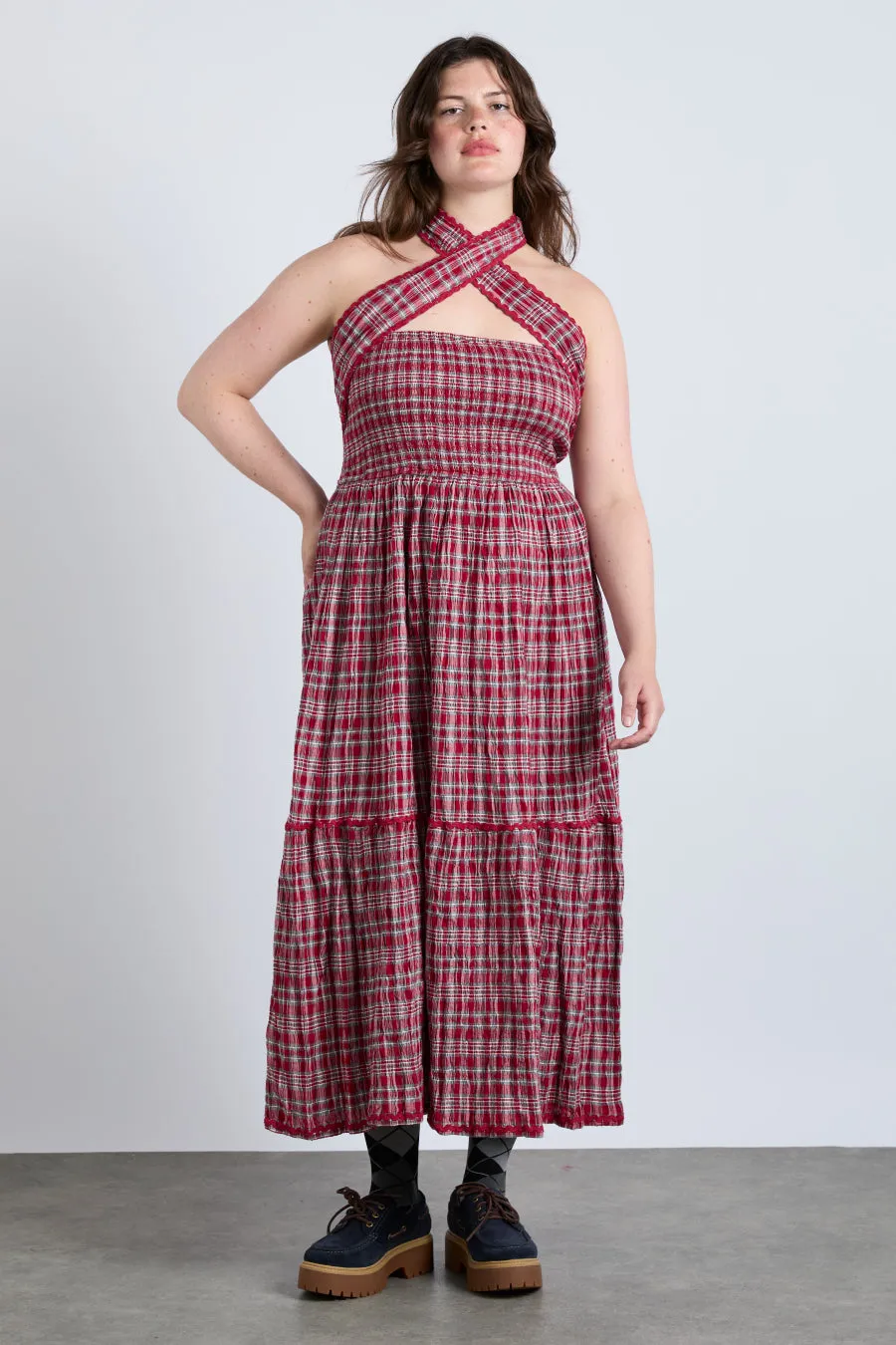 pia midi dress - red check sold by Damson Madder