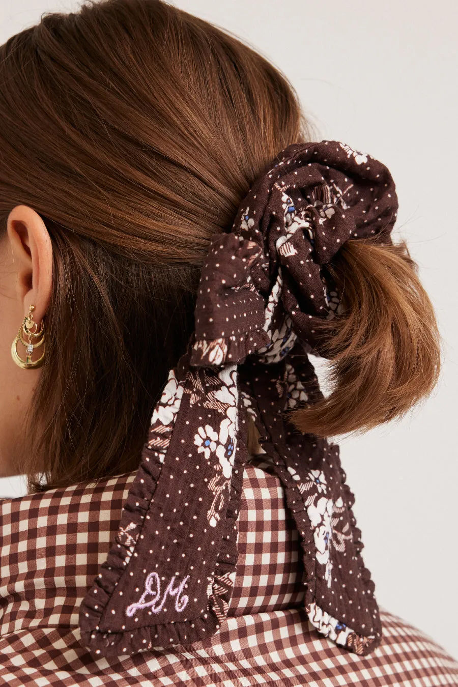 scrunchie with bow in brown floral sold by Damson Madder