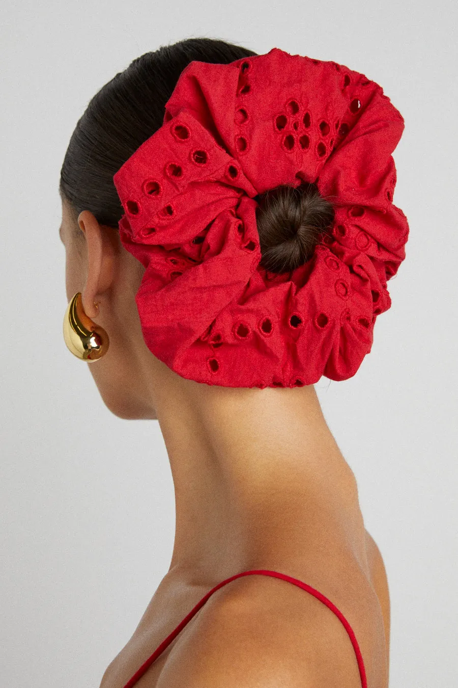 red broderie oversized scrunchie sold by Damson Madder