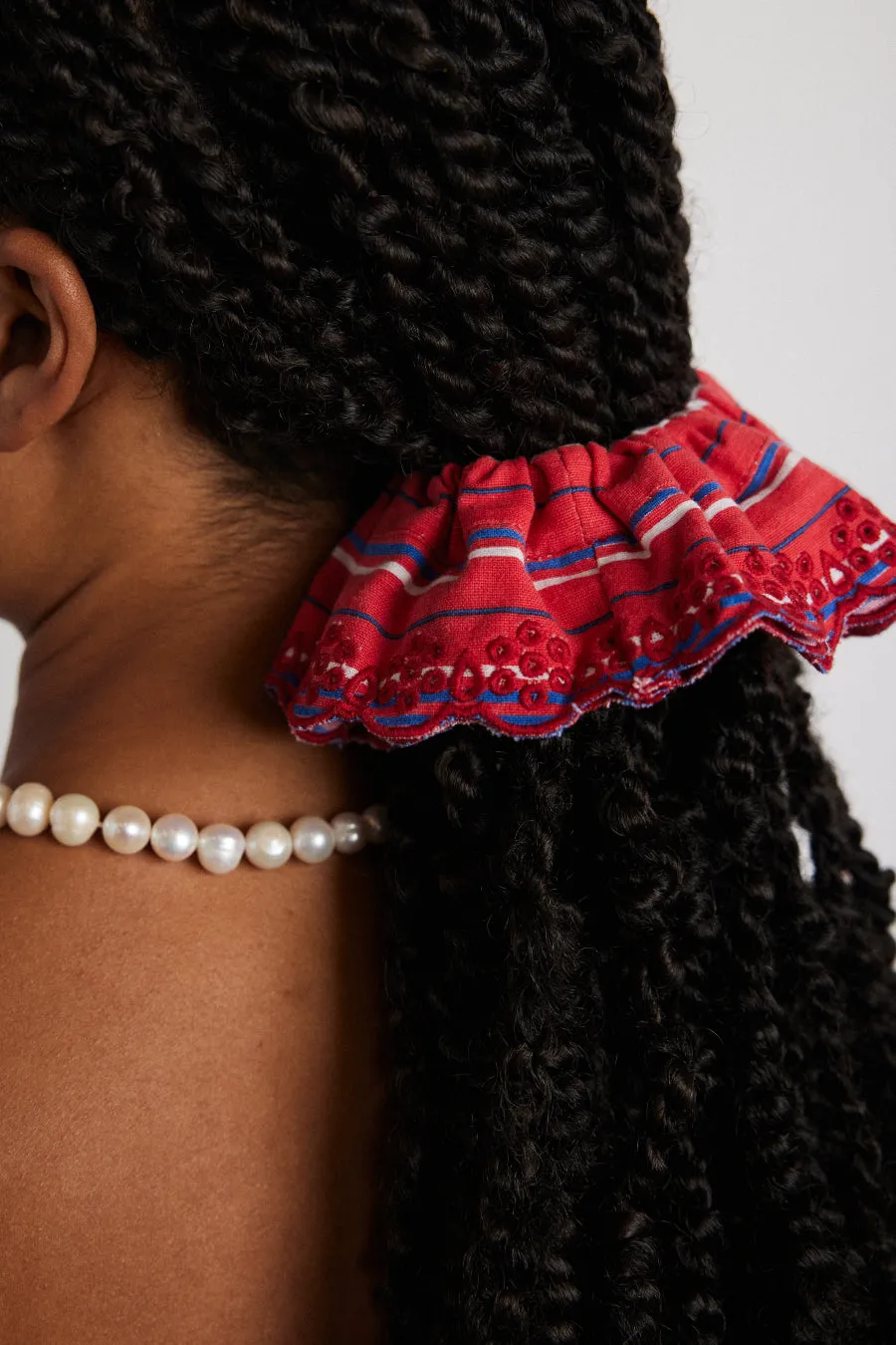 embroidered scrunchie in red stripe sold by Damson Madder product image thumbnail 3