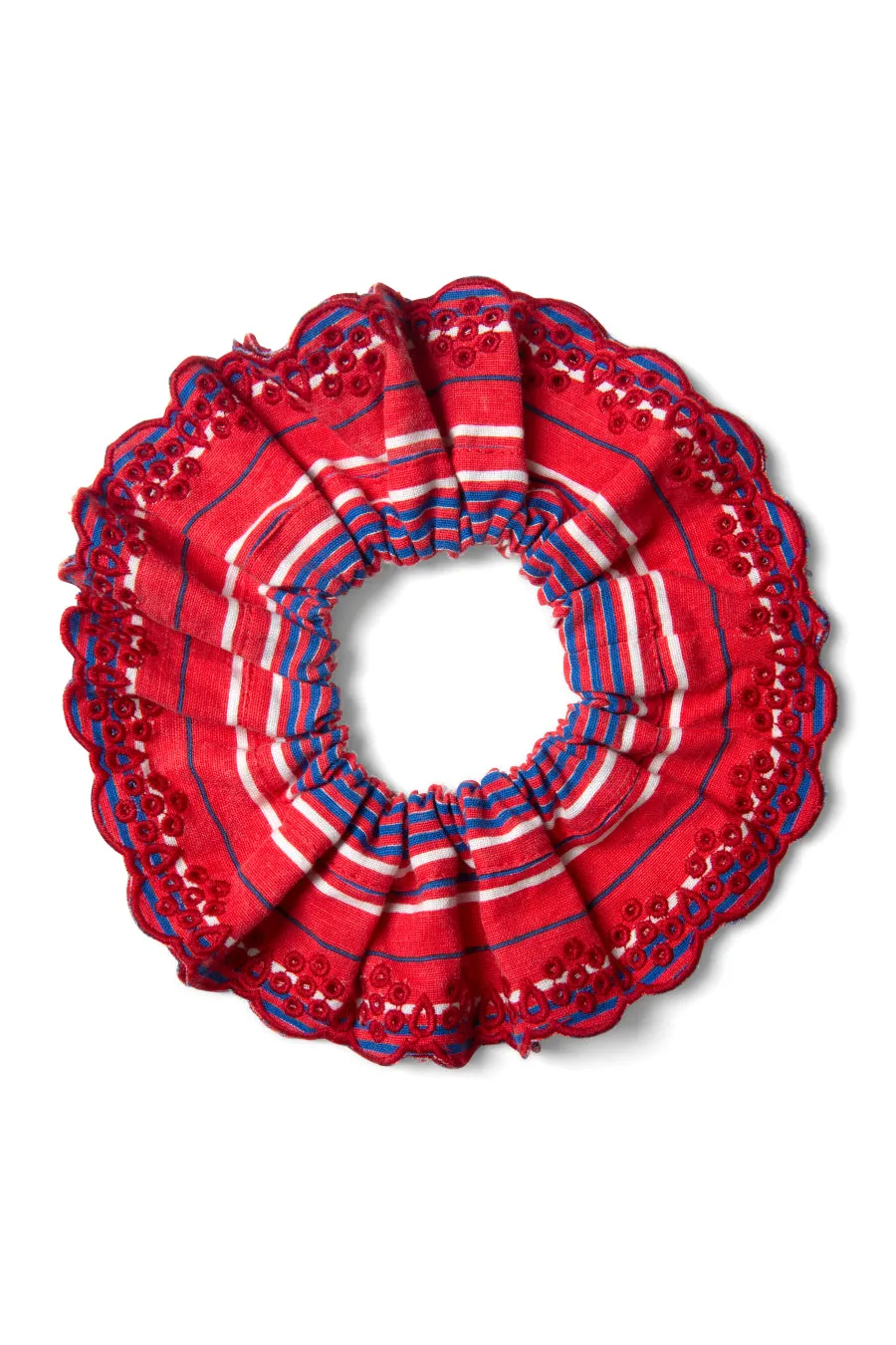 embroidered scrunchie in red stripe sold by Damson Madder