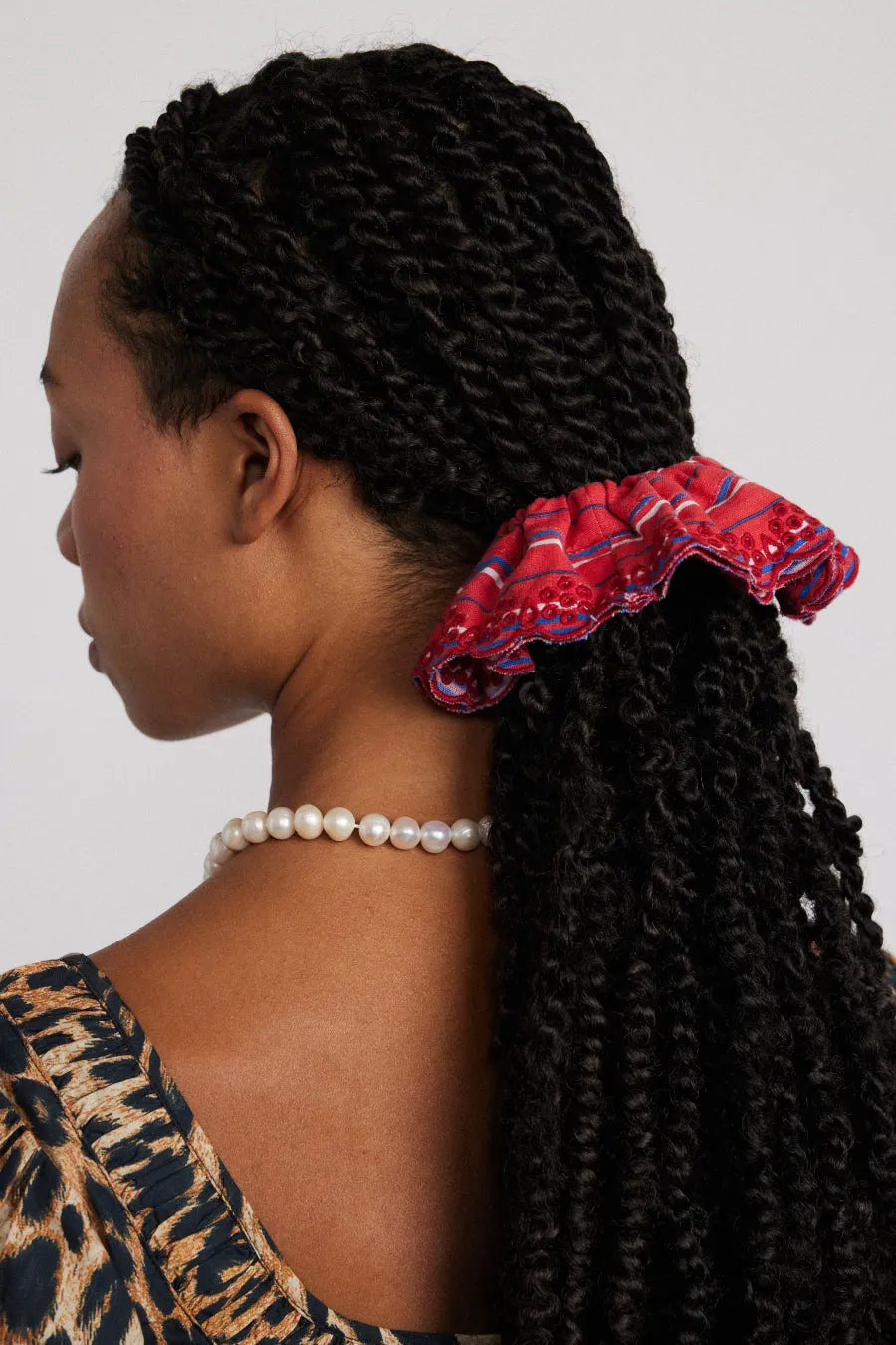 embroidered scrunchie in red stripe sold by Damson Madder product image thumbnail 2