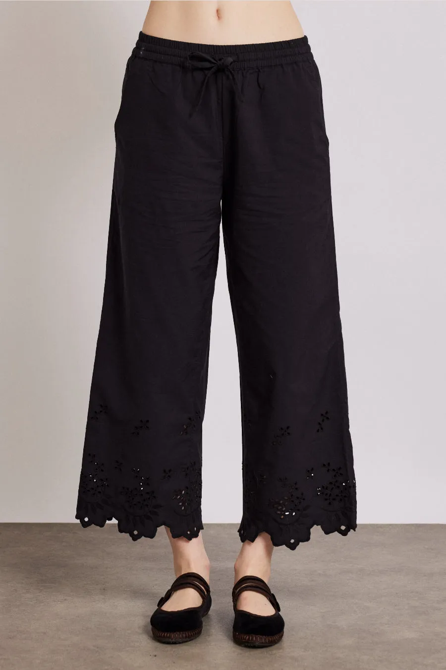 lana trousers - black broderie sold by Damson Madder