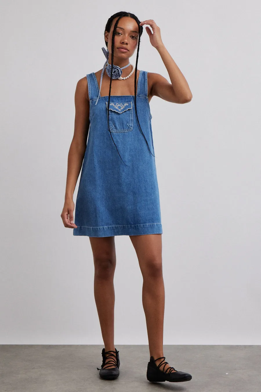 nancy mini dress - organic denim sold by Damson Madder