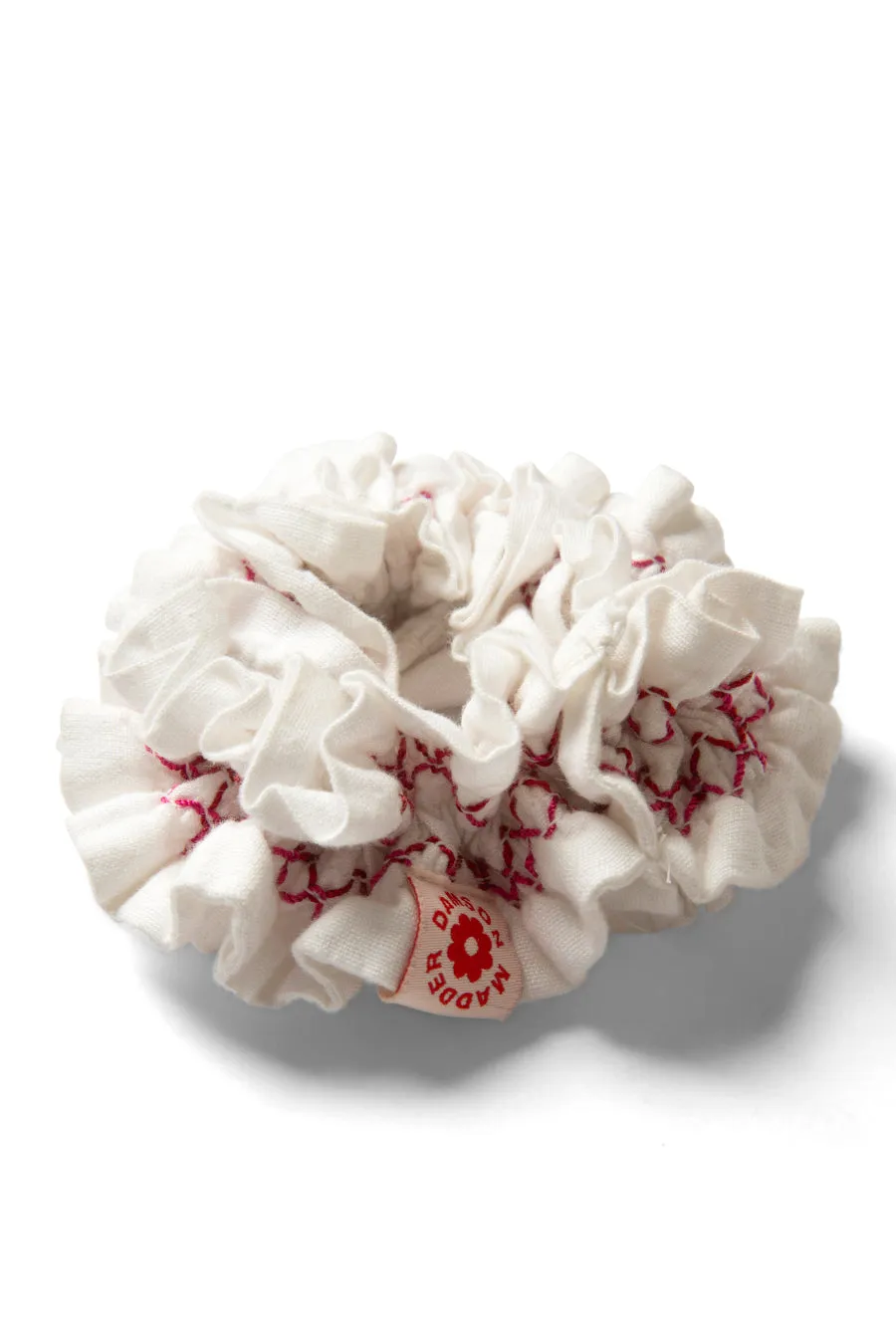 garter scrunchie in white with red stitch detail sold by Damson Madder