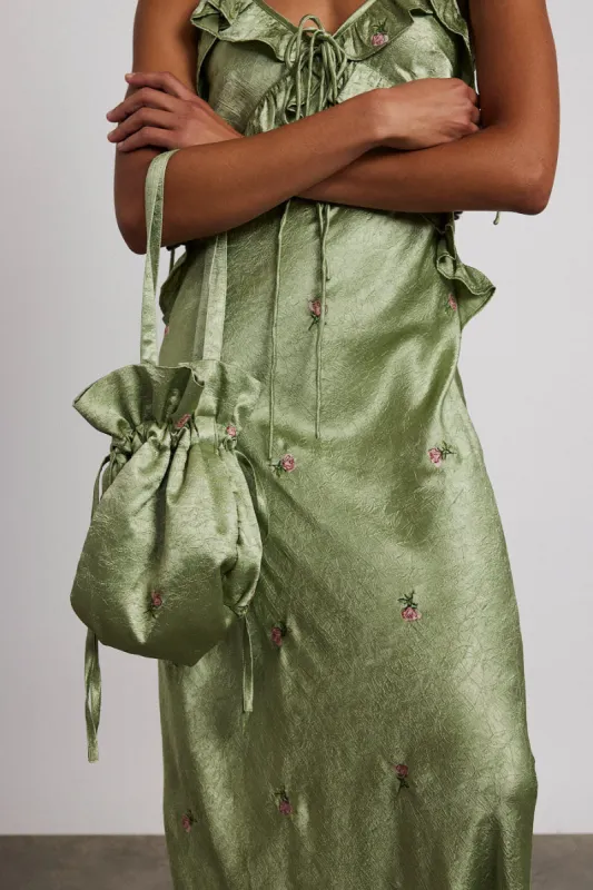 satin pouch bag with rose embroidery sold by Damson Madder