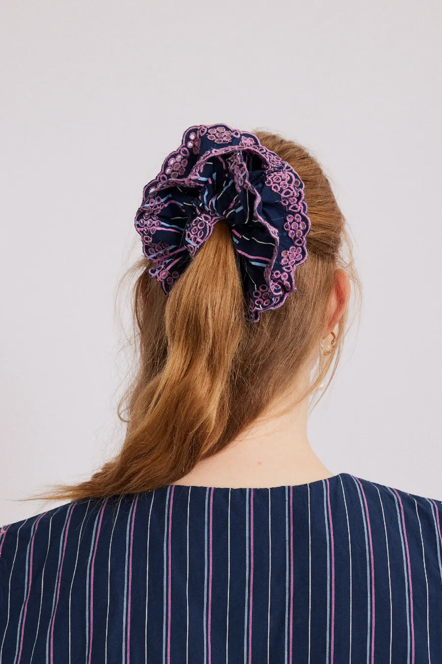 stripe scrunchie with broderie edge sold by Damson Madder