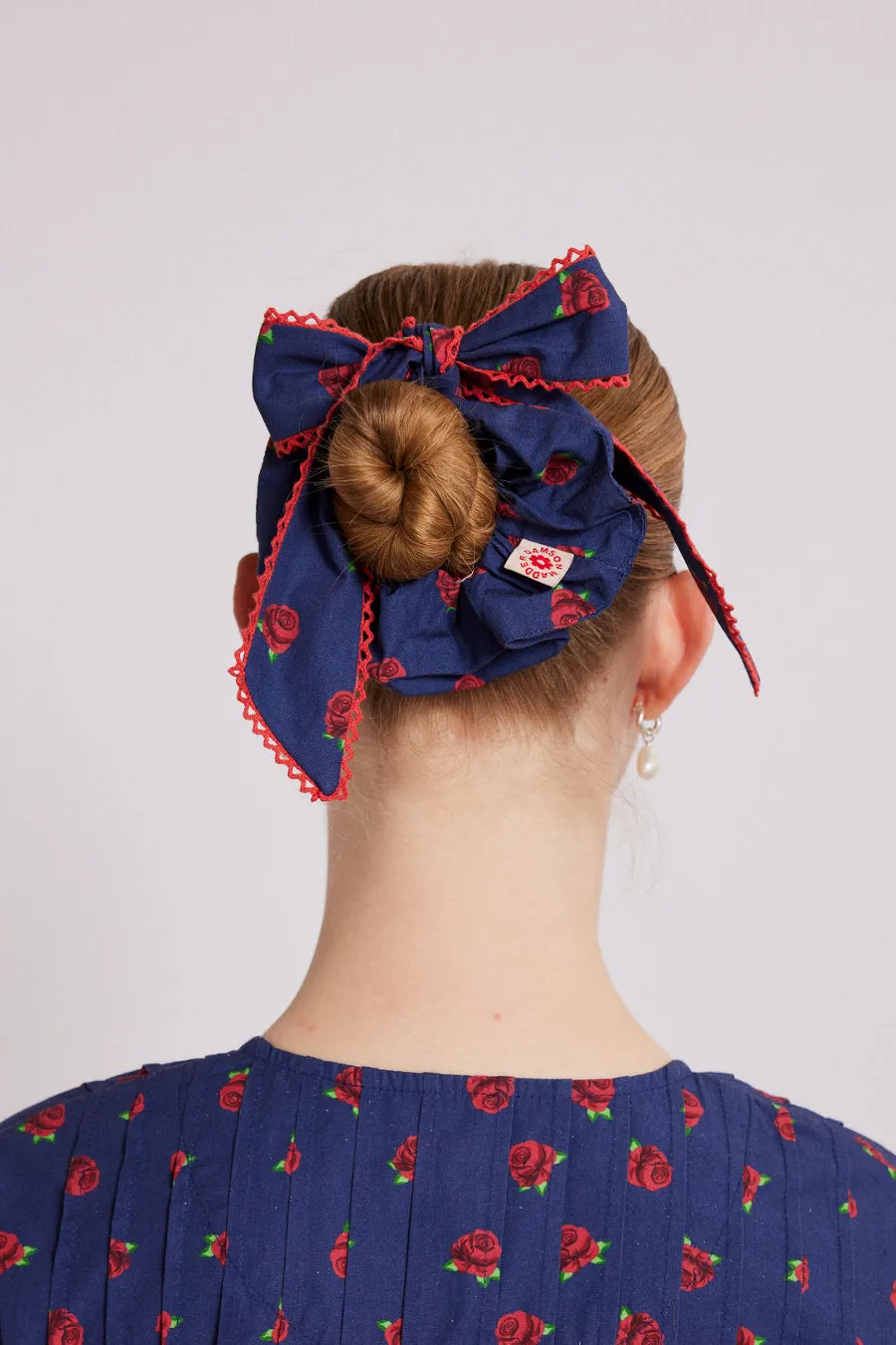 bow scrunchie in rose print sold by Damson Madder product image thumbnail 2
