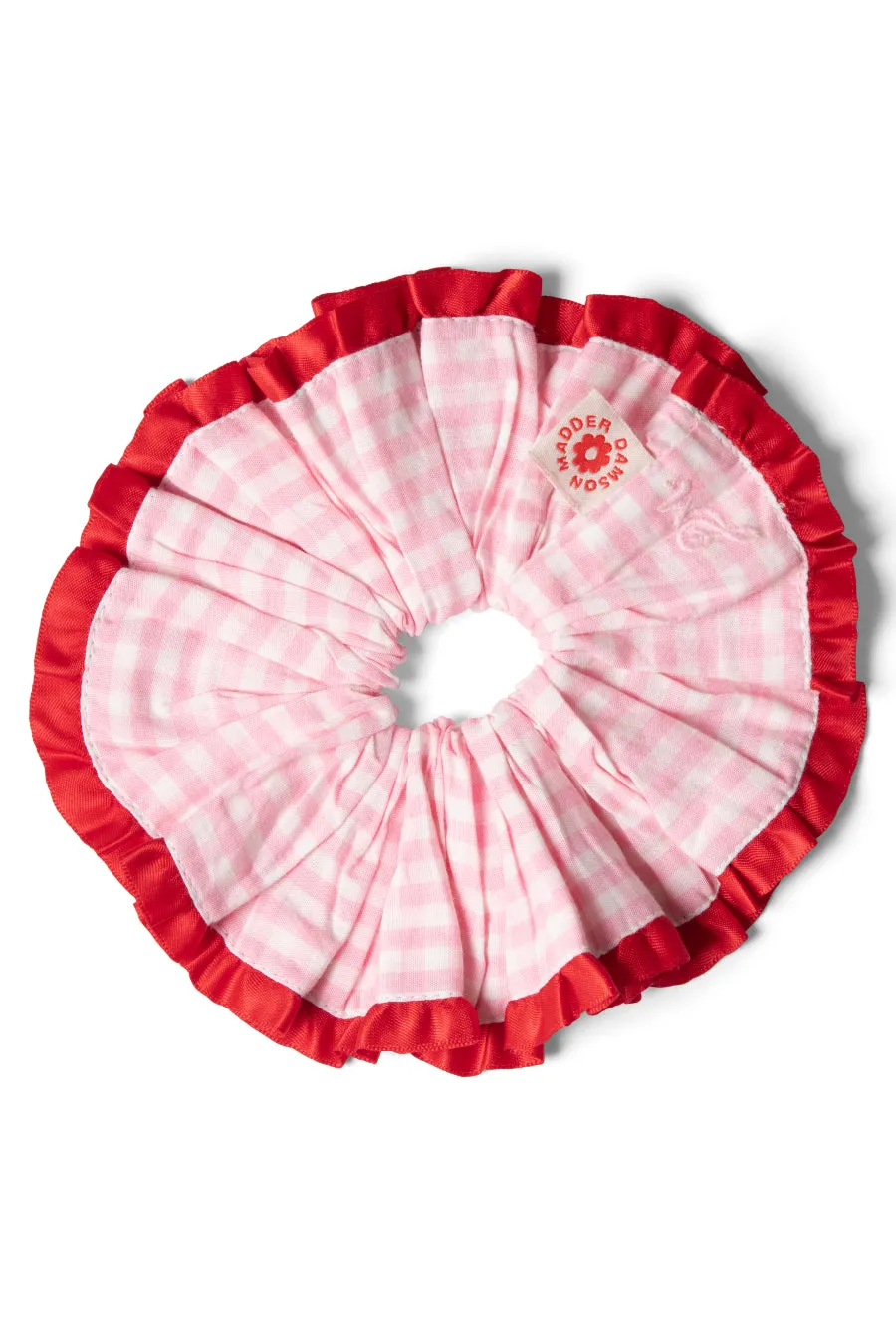 frill scrunchie in pink gingham with satin edge sold by Damson Madder product image thumbnail 2