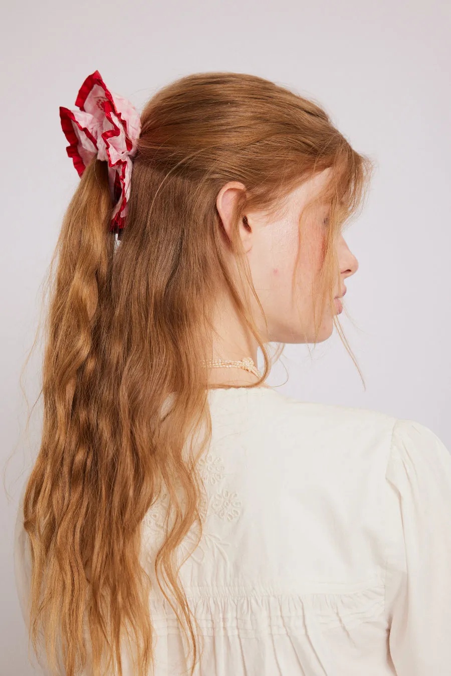 frill scrunchie in pink gingham with satin edge sold by Damson Madder product image thumbnail 4