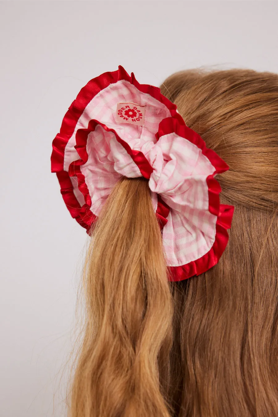 frill scrunchie in pink gingham with satin edge sold by Damson Madder product image thumbnail 3