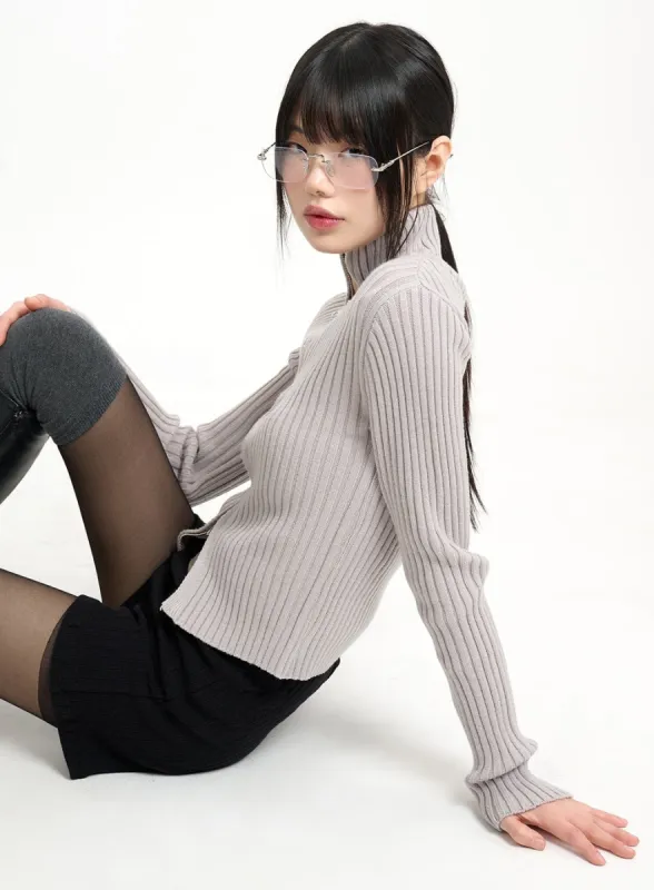 Wool-Blend Knit Zipper Long Sleeve Collared Top CM415 sold by Lewkin