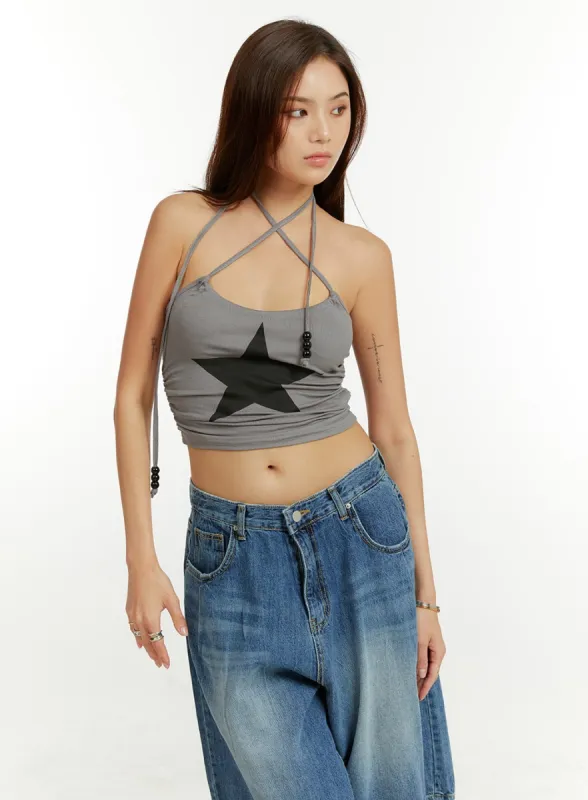Graphic X Strap Halter Crop Top CU421 sold by Lewkin