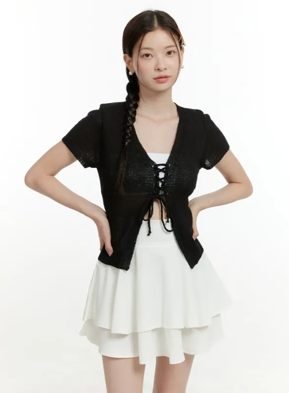 Sheer V-Neck Tie Short Sleeve Cardigan OL423 sold by Lewkin