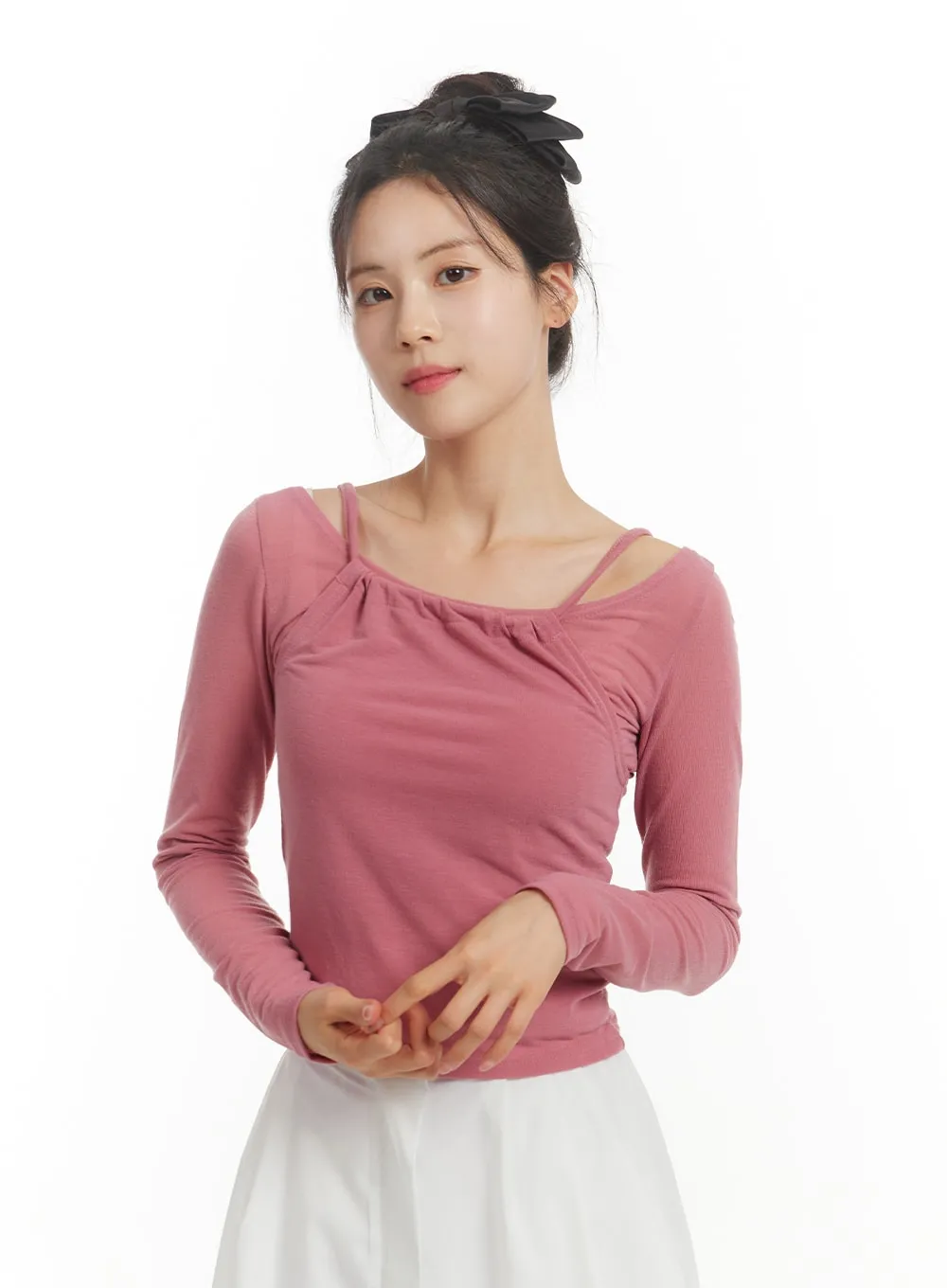 Shirred Neck Long Sleeve Top OM405 sold by Lewkin product image thumbnail 3