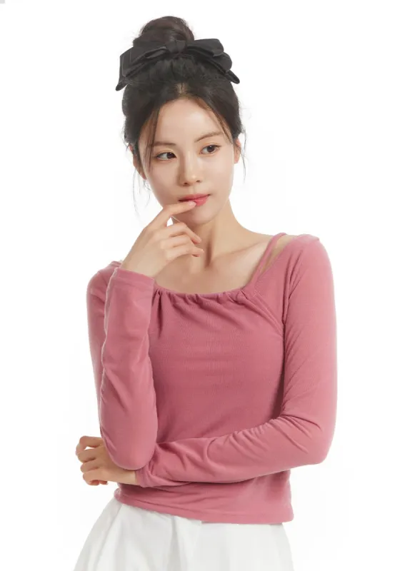 Shirred Neck Long Sleeve Top OM405 sold by Lewkin