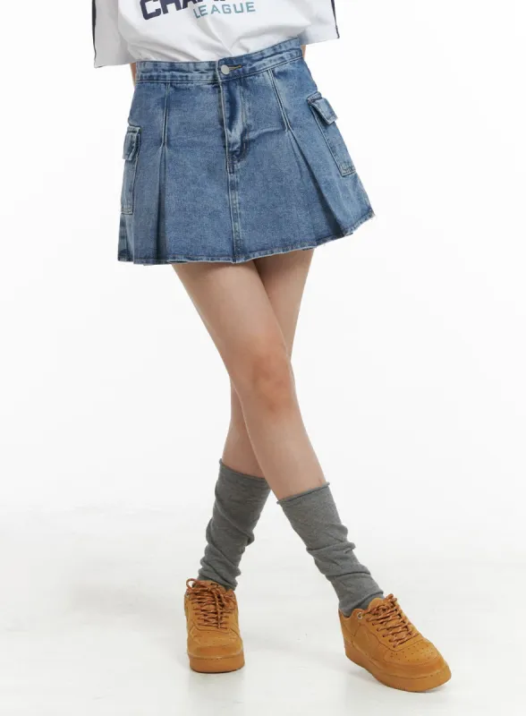 Pleated Denim Cargo Mini Skirt OM418 sold by Lewkin