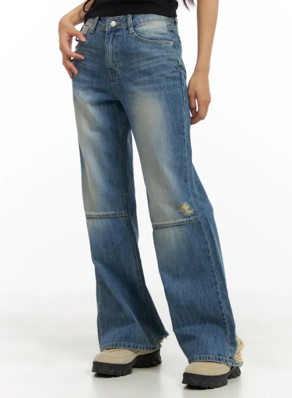 Semi-Destroyed Straight Jeans CA424 sold by Lewkin