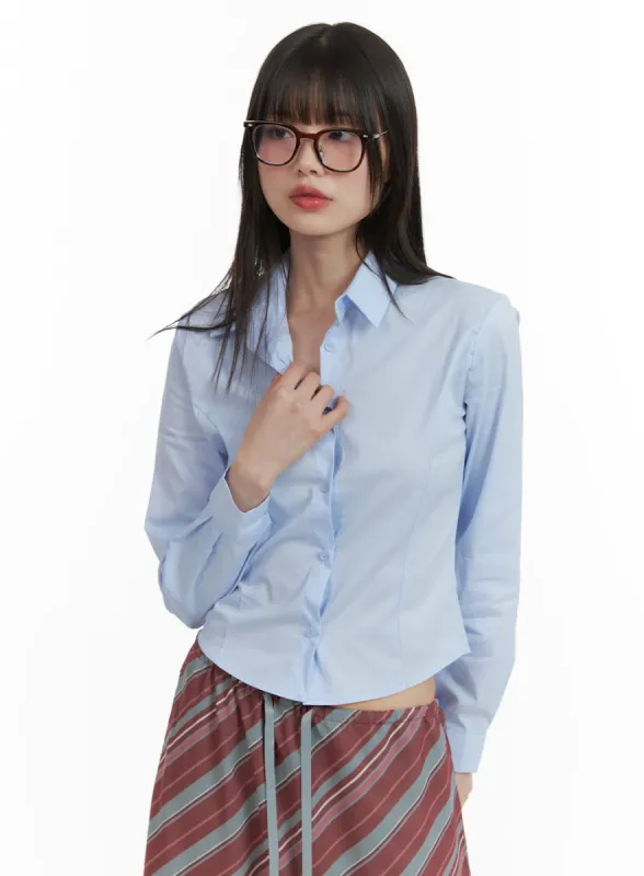Solid Crop Buttoned Blouse CA411 sold by Lewkin