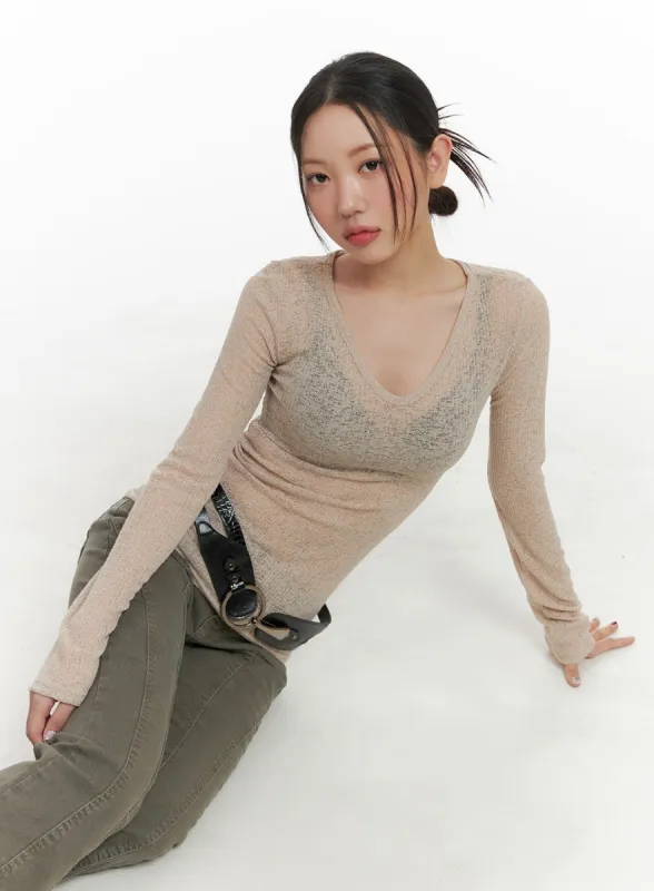 Sheer V-Neck Long Sleeve CA416 sold by Lewkin