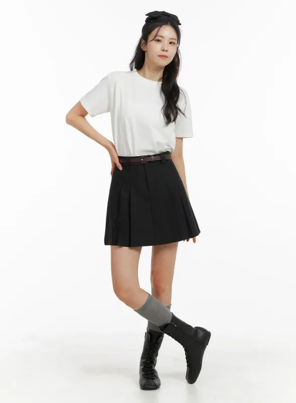 Solid Pleated Mini Skirt with Belt Strap OM419 sold by Lewkin