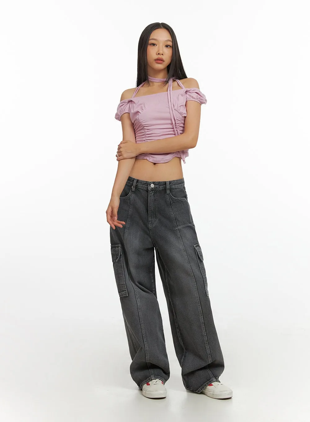 Washed Wide Leg Cargo Jeans IY422 sold by Lewkin product image thumbnail 3