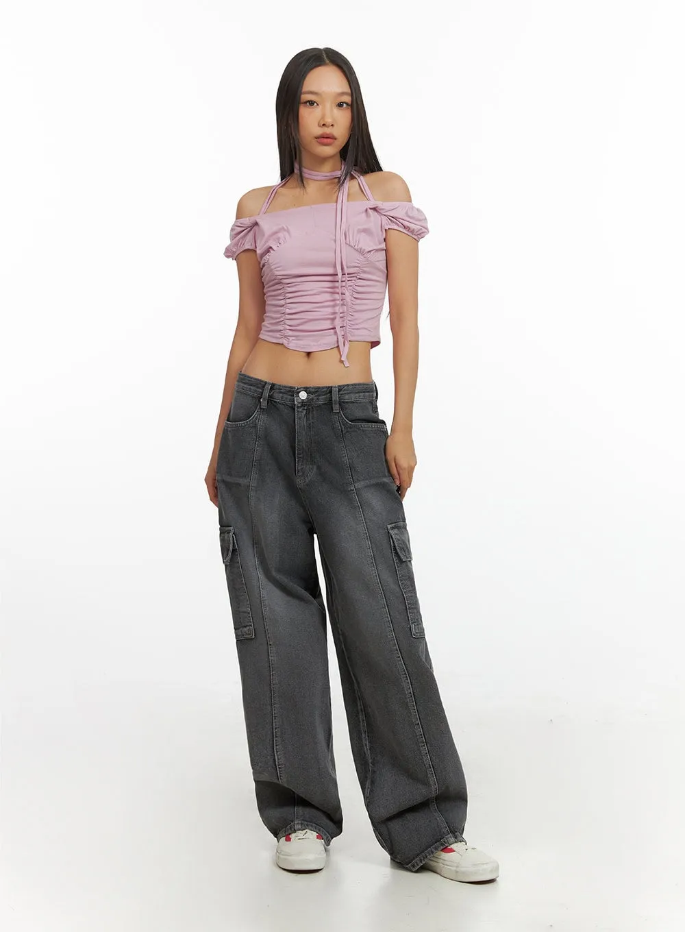 Washed Wide Leg Cargo Jeans IY422 sold by Lewkin